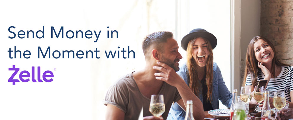 AMG Bank's Zelle - send money in the moment - three smiling people