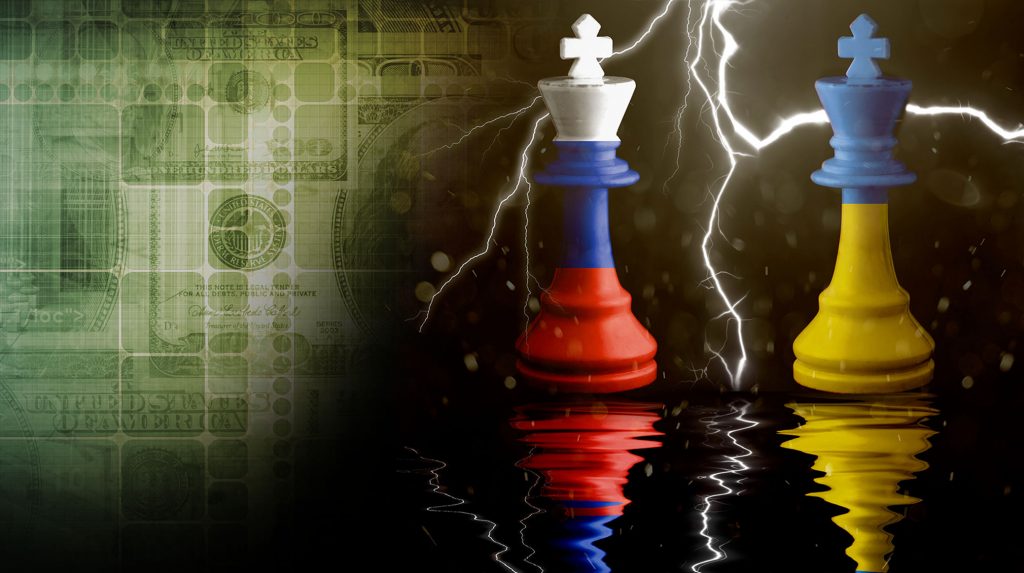 Ukraine and Russian chess pieces with lightning